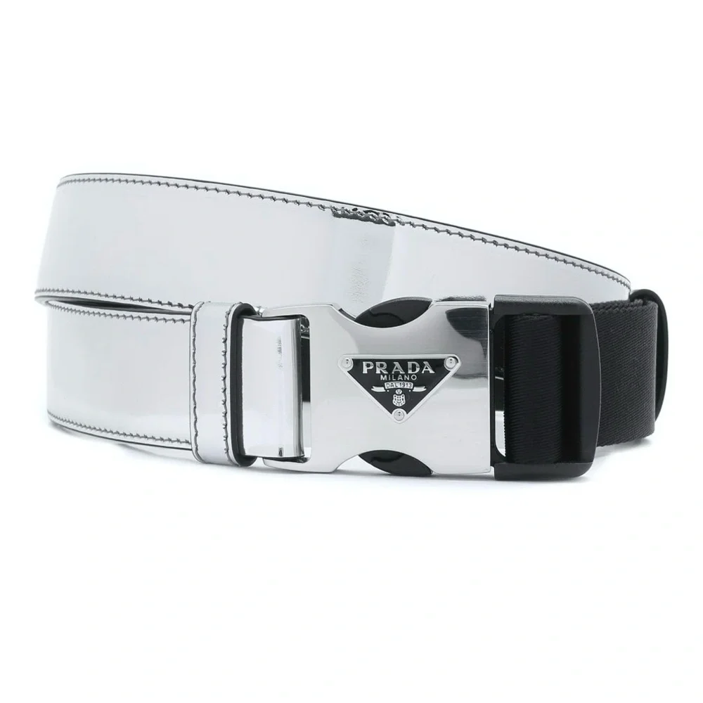 Prada Metallic Spazzolato Leather and Woven Tape Belt